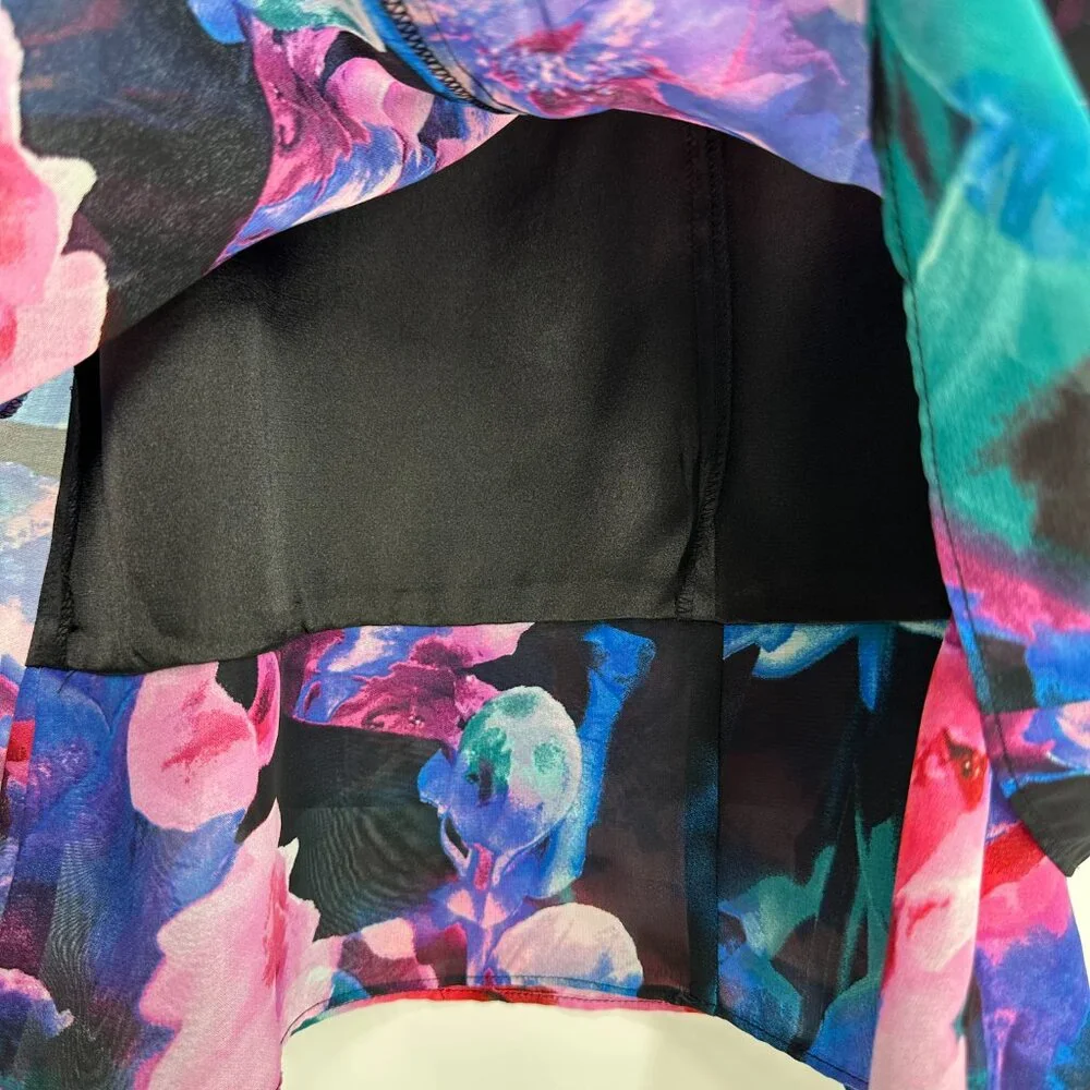 Tahari Abstract‎ Floral Cocktail Dress 4 RuffleTrim Sleeveless Swing Black Pink